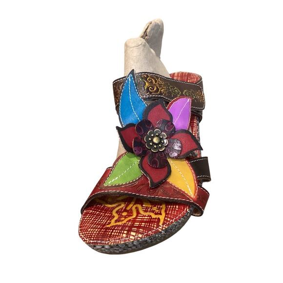 Socofy Womens Leather Slides US 8 8.5 EU 39 Sandals Floral Artsy Colorful Fairy - Picture 5 of 11